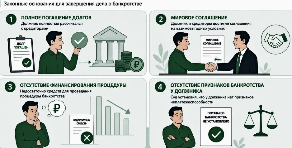 Законные основания для завершения дела о банкротстве